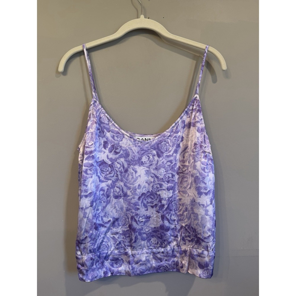 Ganni Satin Floral Tank Size 38 Purple Floral